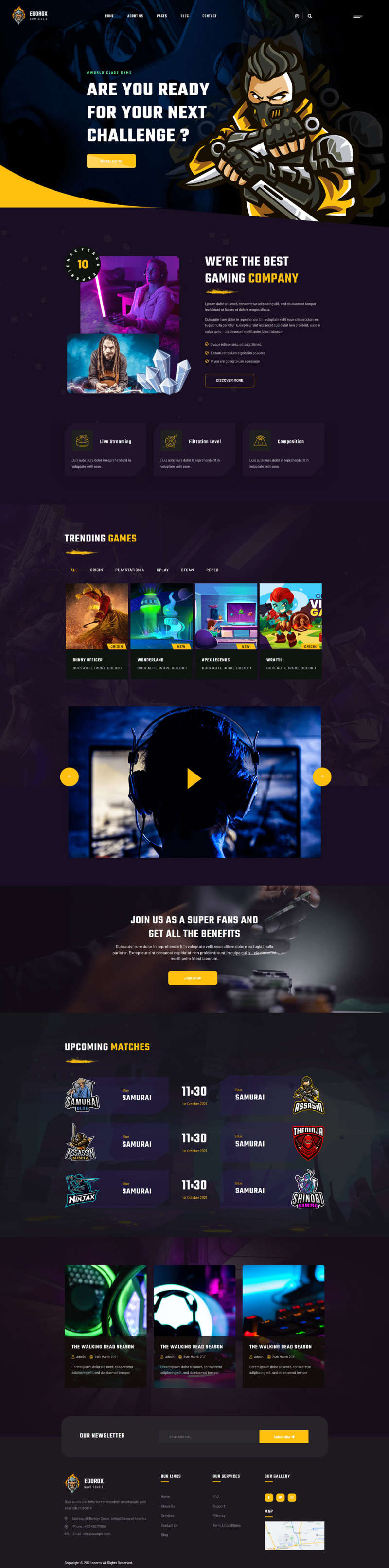 黑色响应式电子竞技游戏行业html5网站模板比赛、比赛细节、直播、博客、博客细节、联系、和404页、所有游戏相关网站页面