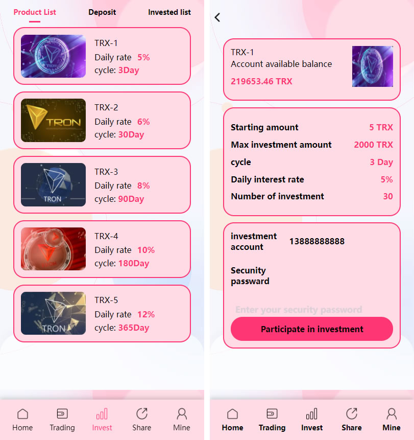 价值500u的trx粉色UI多语言理财网站系统源码